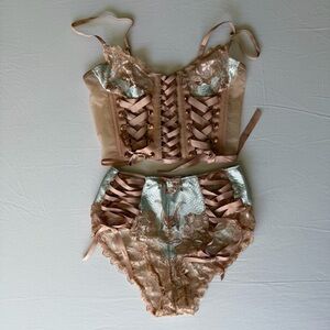 Savage x Fenty XS Matching Satin & Lace Corset Set - Nude & Mint